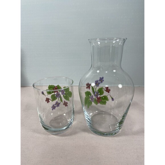 Glass & Vase Bedside Night Table Set Hand Painted Flowers - Picture 3 of 4